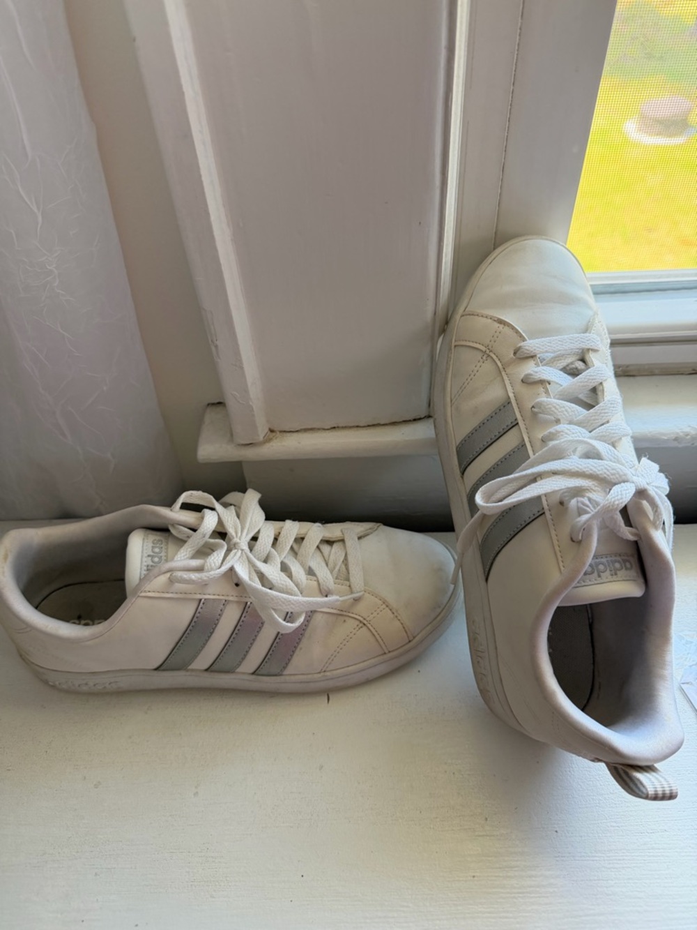adidas White Low-Top Leather Sneaker with Silver Accents